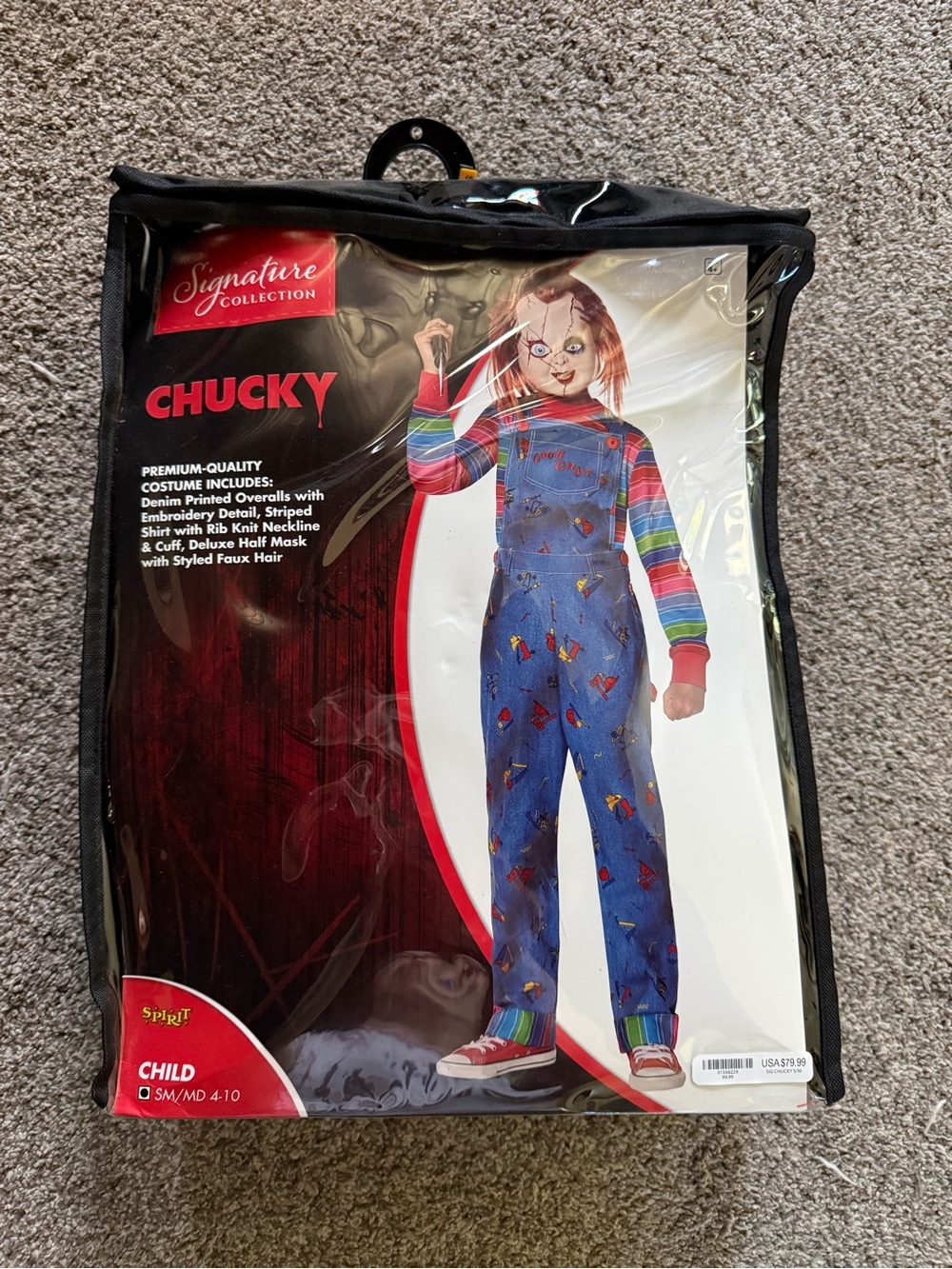 Child Chucky Costume - Blue Overalls, Striped shirt, mask and knife